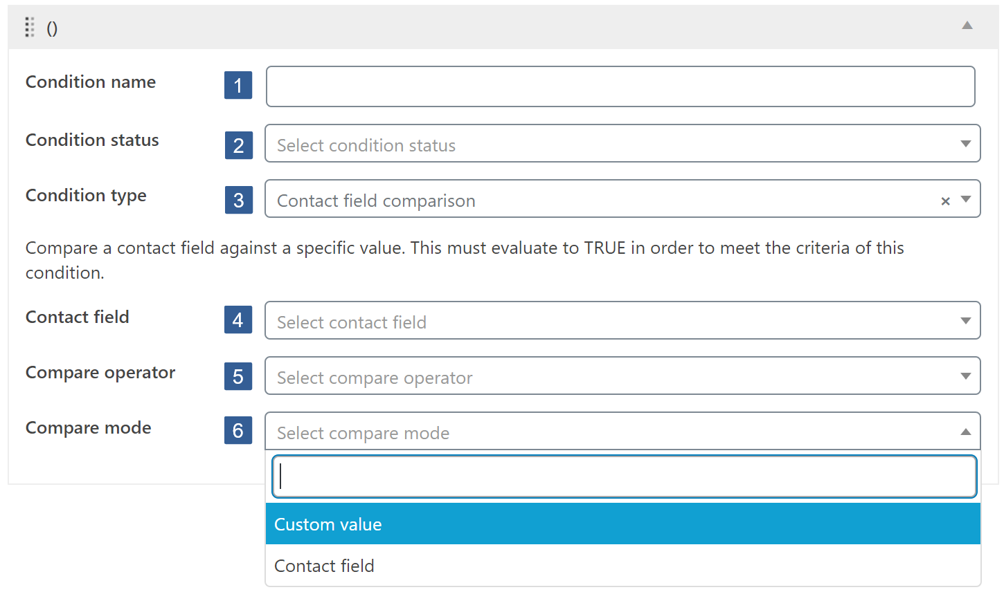 Steps for specifying Contact field comparison condition