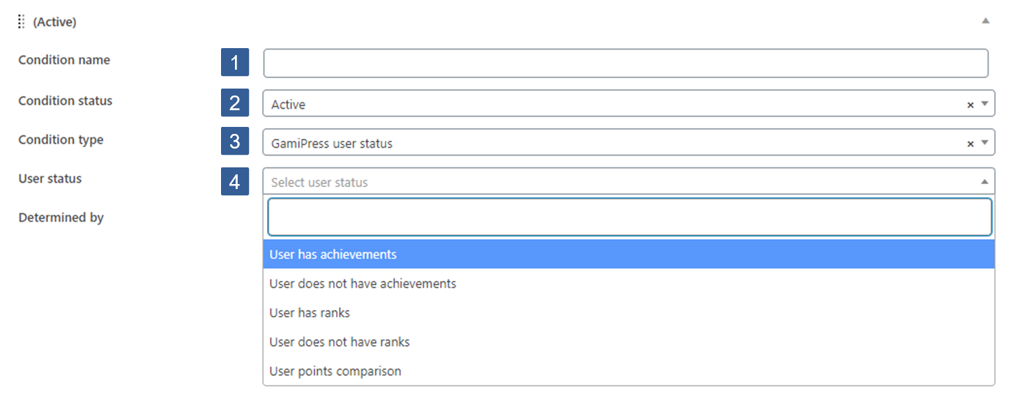 Steps for specifying GamiPress user status condition