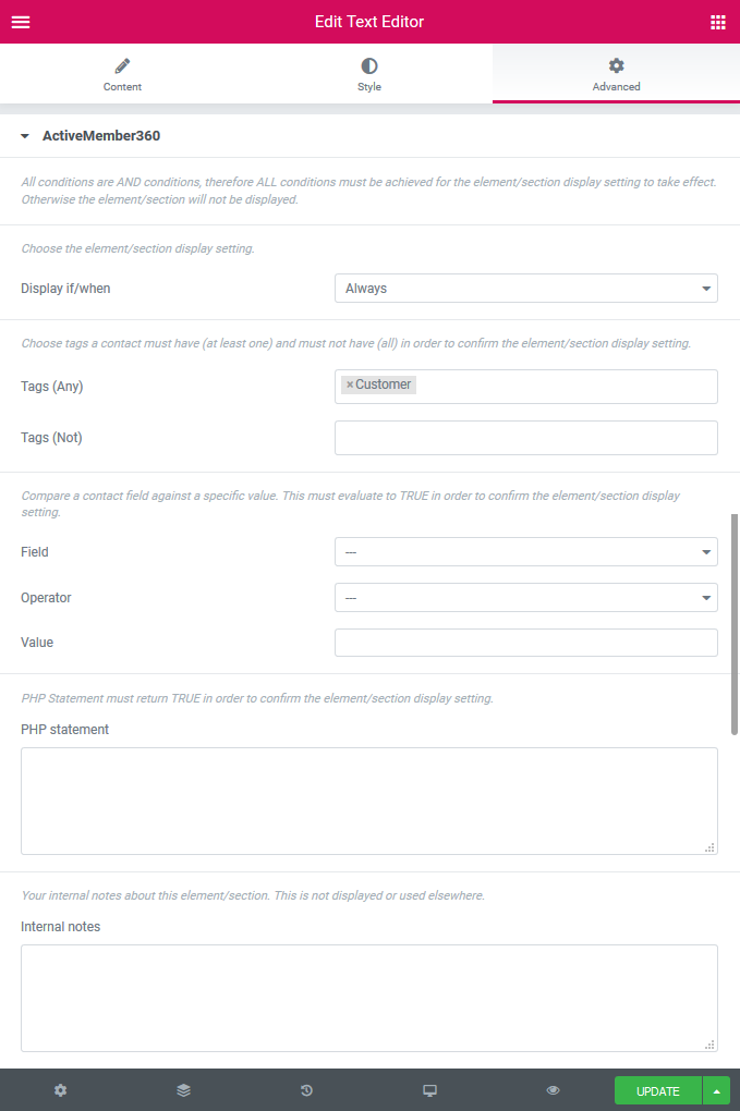 Elementor Widget/Container/Section Display Settings Example 1