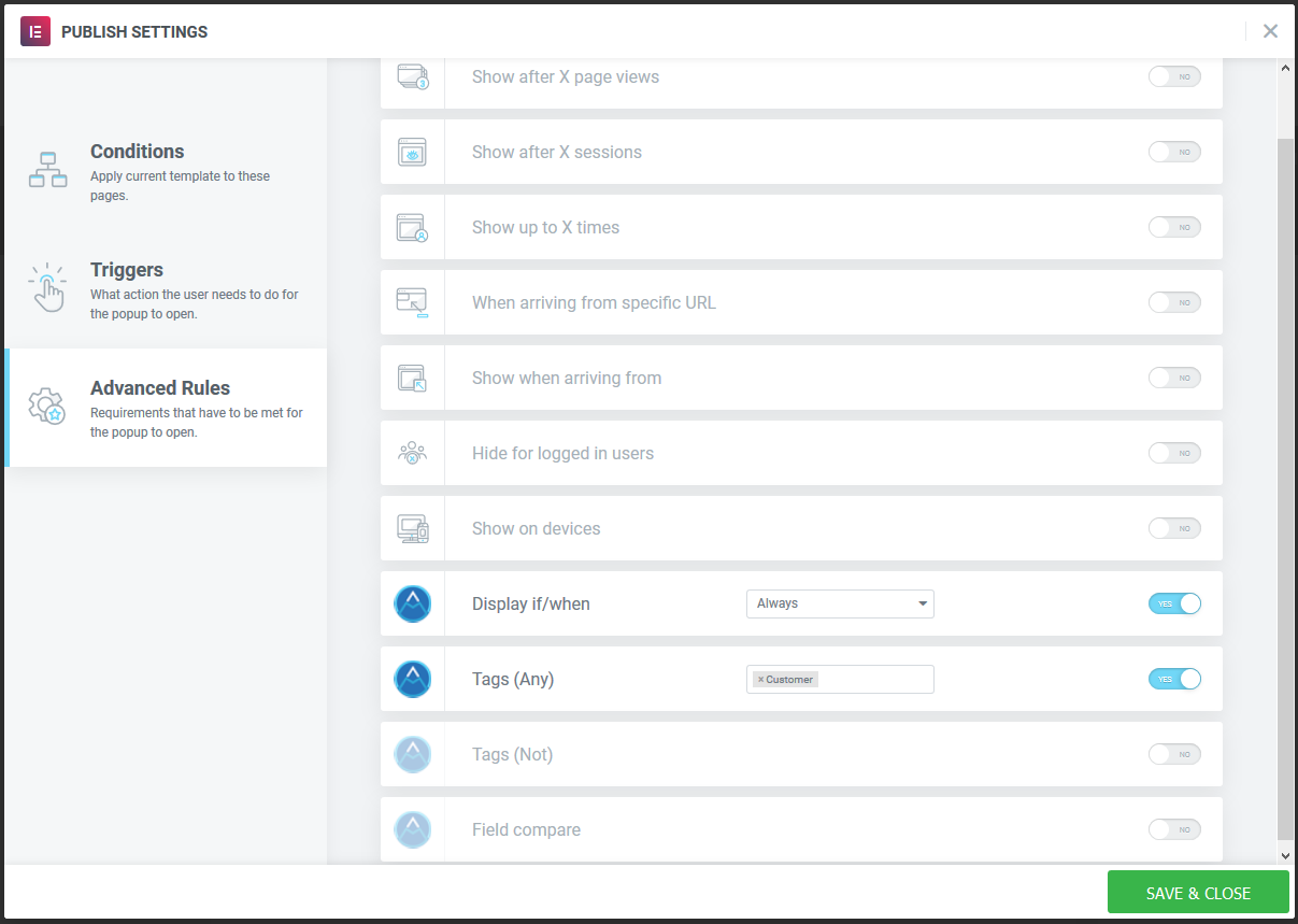 Elementor Popup Display Settings Example 1