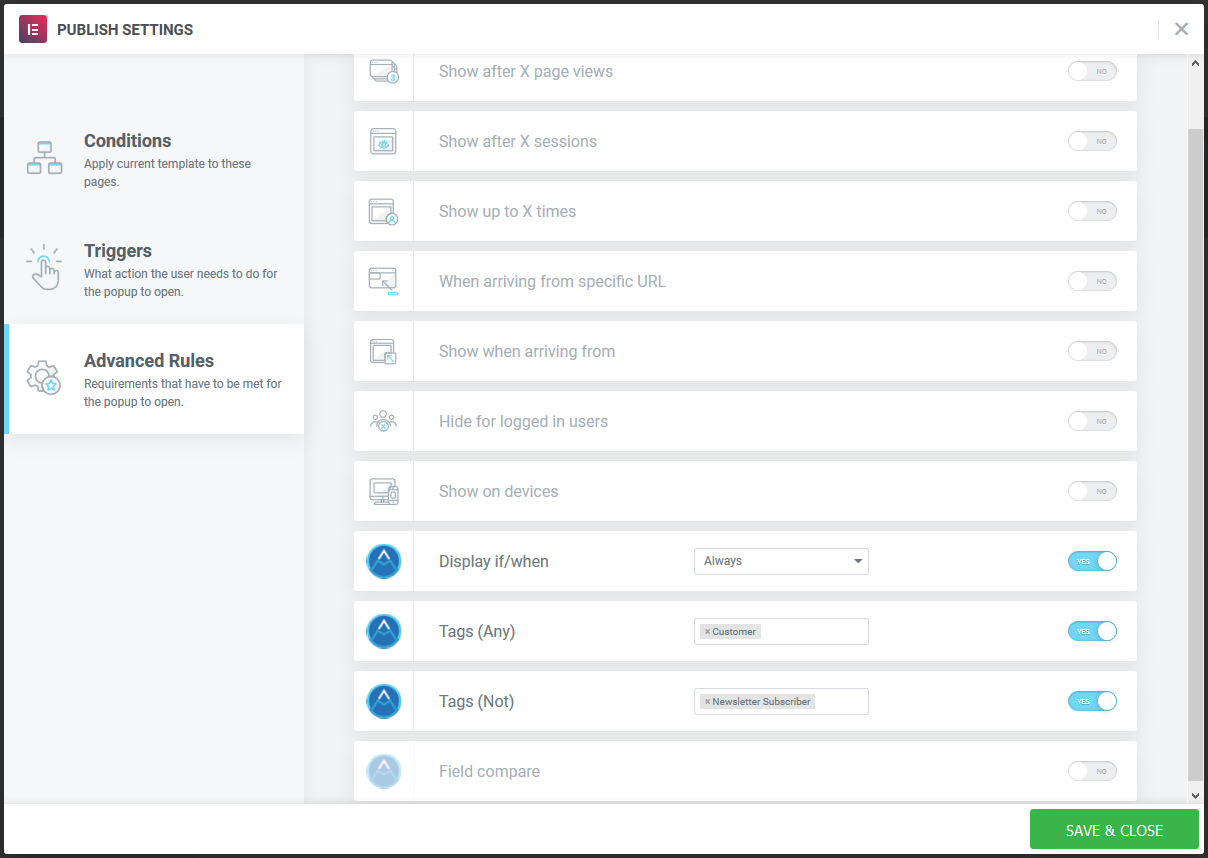 Elementor Popup Display Settings Example 2