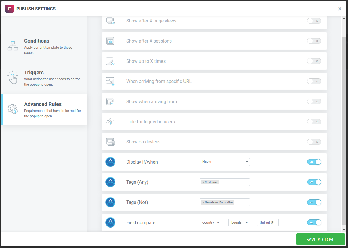 Elementor Popup Display Settings Example 3