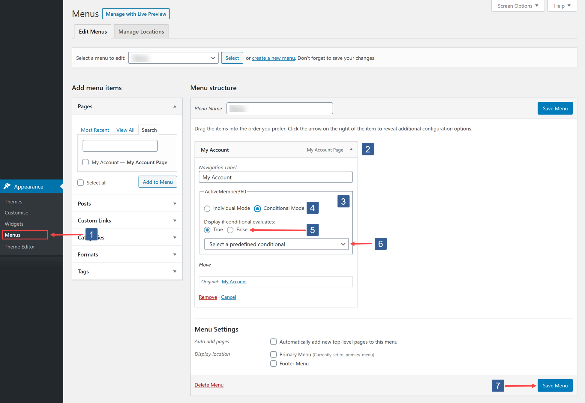 Steps to select the menu item and control the visibility based upon conditionals