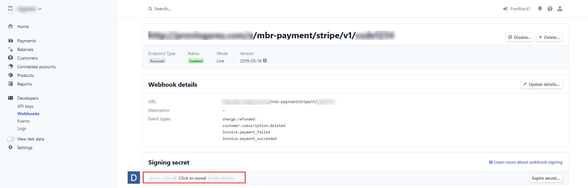 Steps for obtaining the Stripe live endpoint siging secret key