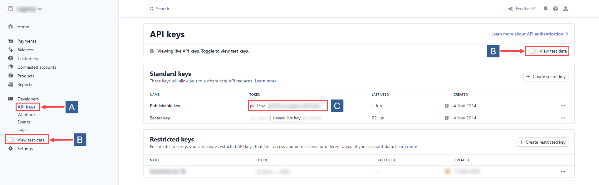Steps for obtaining the Stripe live publishable key