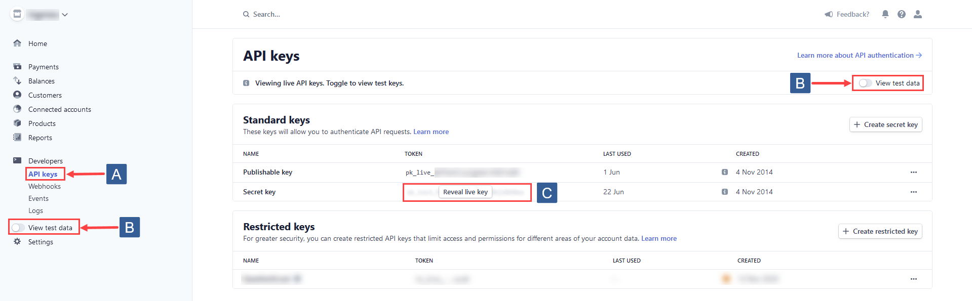 Steps for obtaining the Stripe live secret key