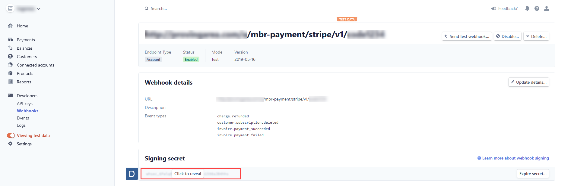 Steps for obtaining the Stripe test endpoint siging secret key