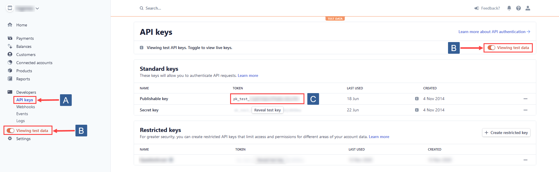 Steps for obtaining the Stripe test publishable key