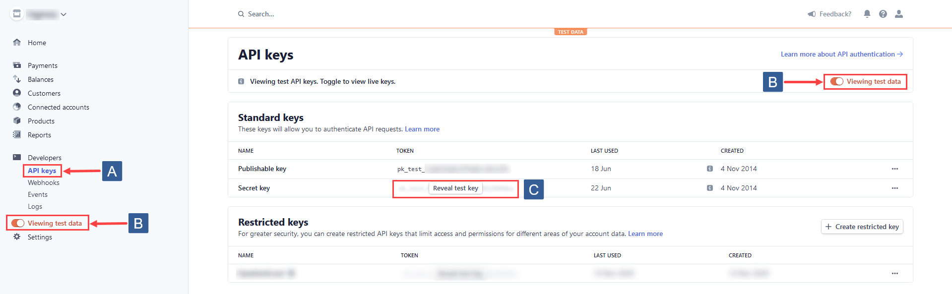 Steps for obtaining the Stripe test secret key