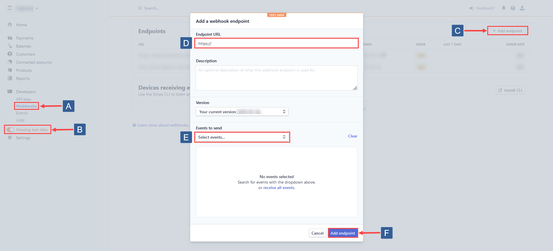 Steps for creating the Stripe test webhook