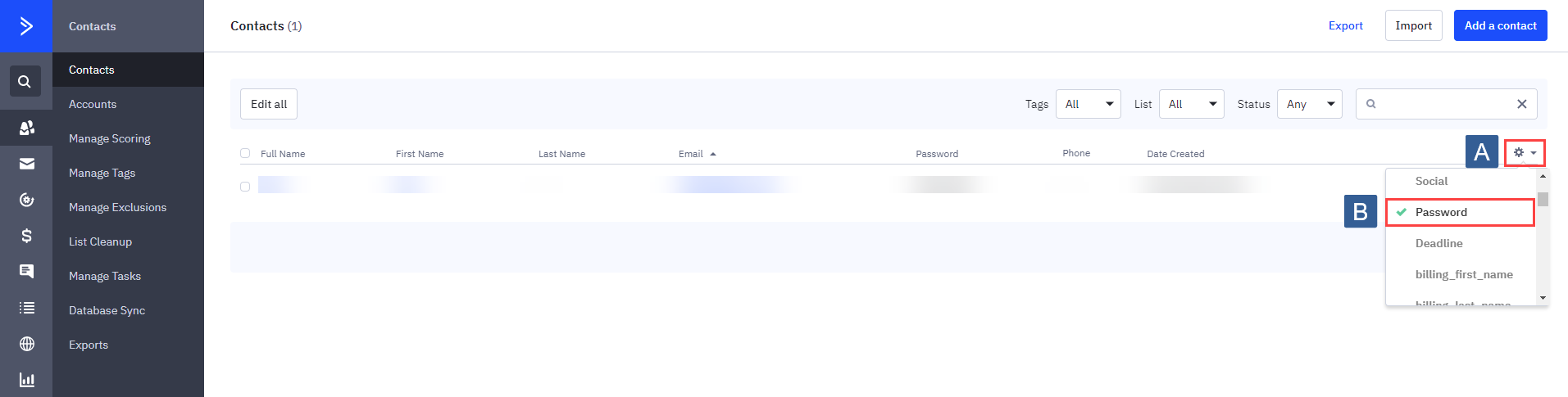 Steps to show Password in contact listing