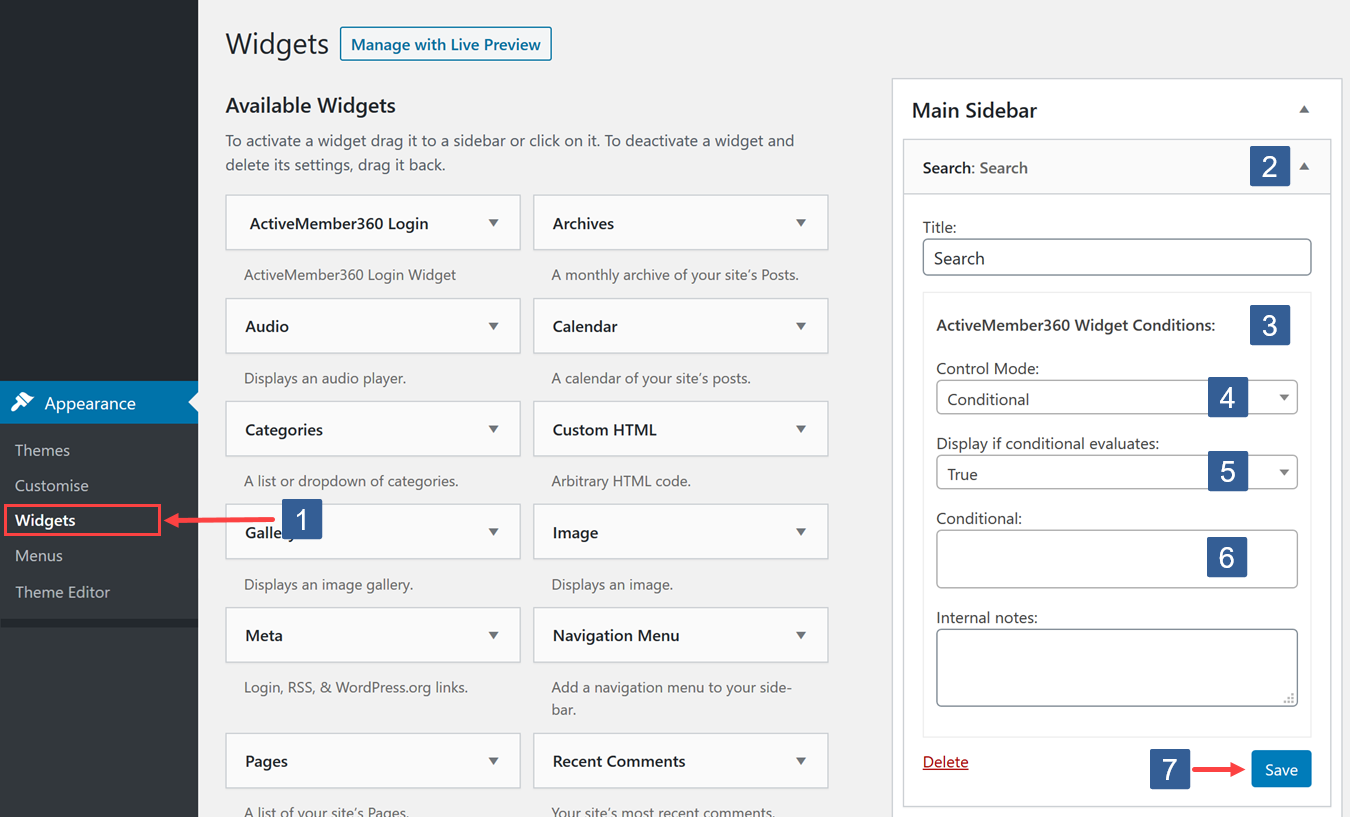 Steps to specify widget visibility using conditional mode