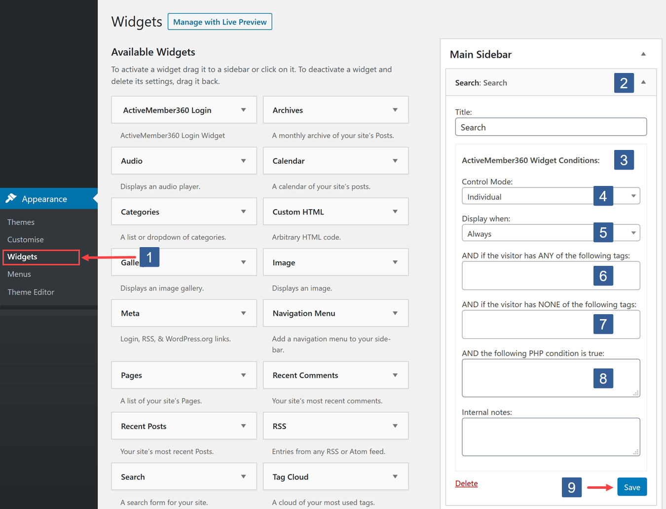 Steps to specify widget visibility using individual mode