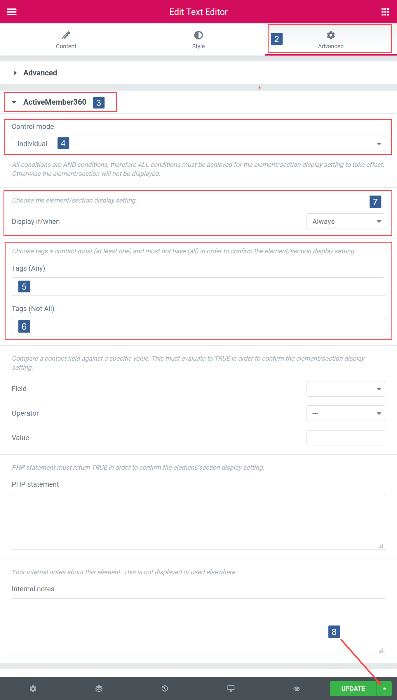 Steps for specifying conditions for Elementor Widget/Container/Section display based upon contact tag/tags