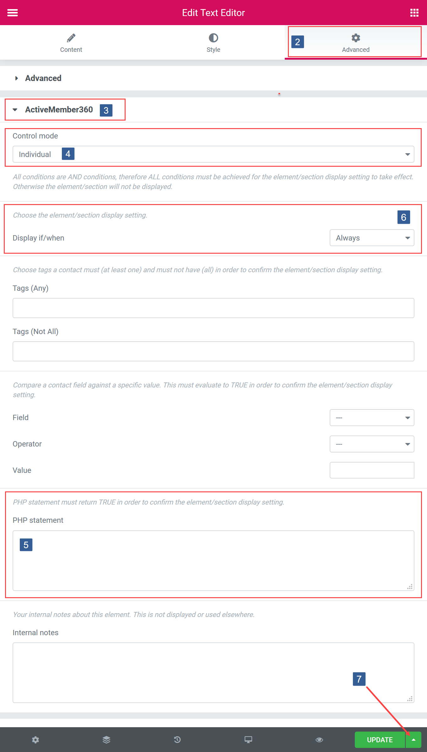 Steps for specifying additional conditions for Elementor Element/Section display based upon conditional PHP statement