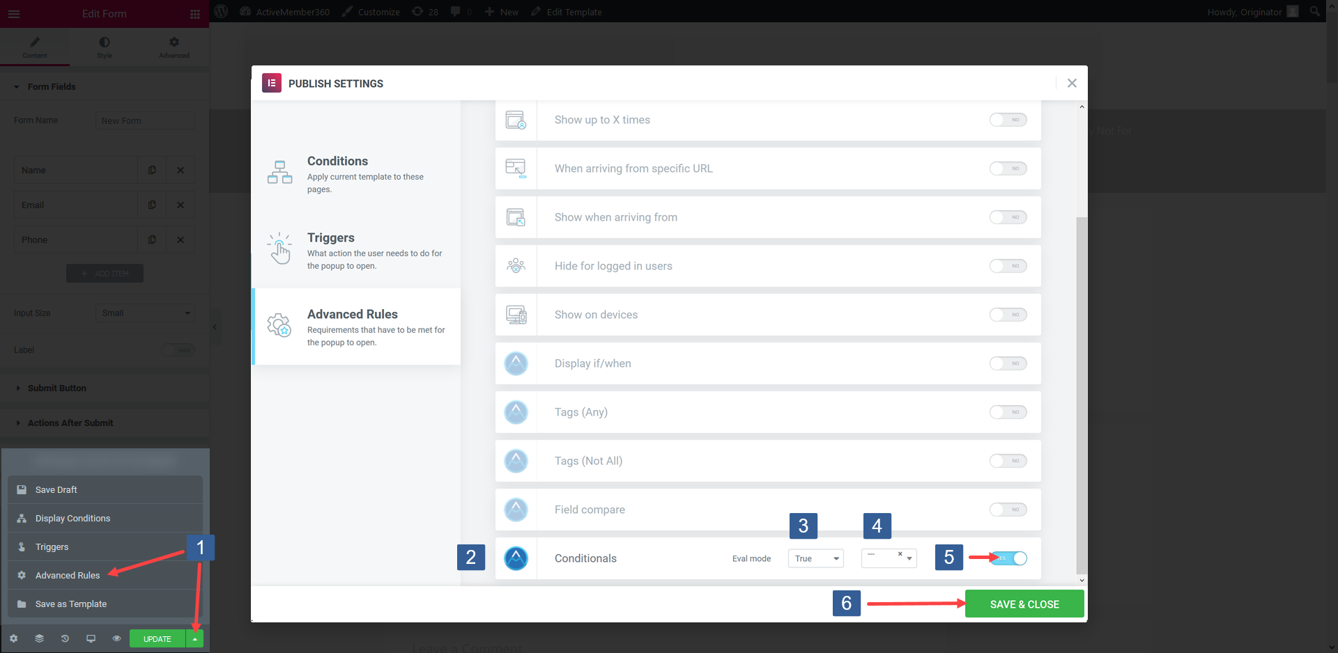 Steps to specify popup conditional rule settings