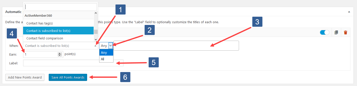 Configuring Add New Points Award For Contact List