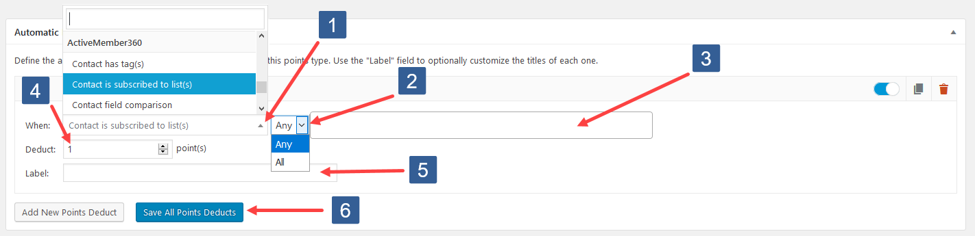 Configuring Add New Points Deduct For Contact List