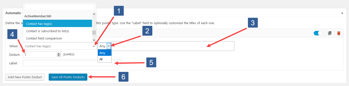 Configuring Add New Points Deduct For Contact Tag