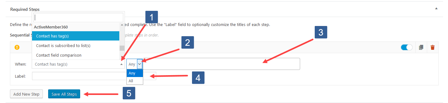 Configuring Add New Required Step For Contact Tag