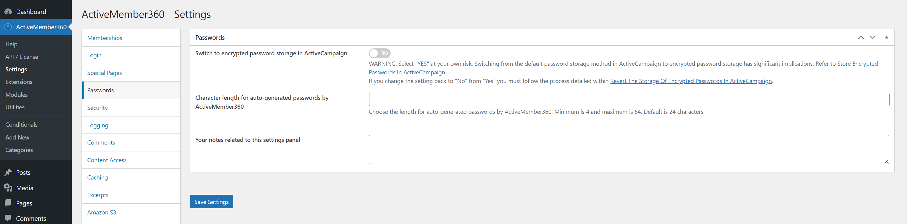 Configure the ActiveMember360 Passwords settings