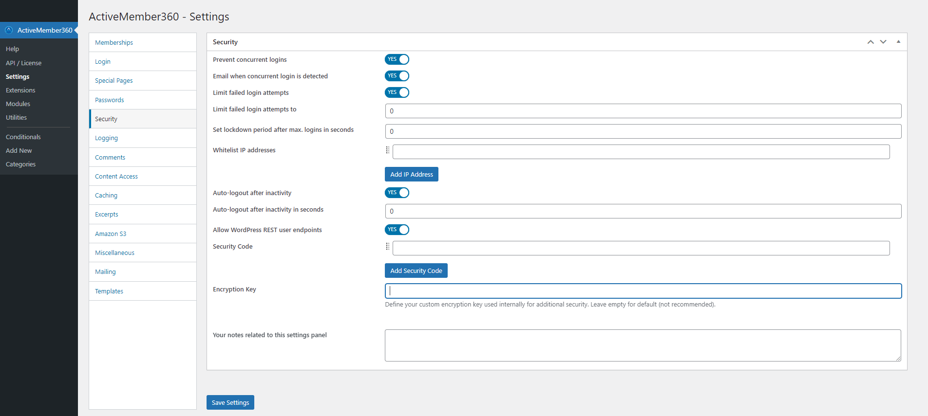 Configure the ActiveMember360 Security settings