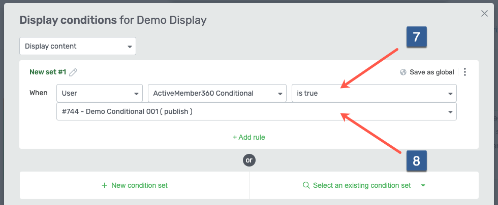Steps for specifying display conditions for Thrive Architect based upon a conditional