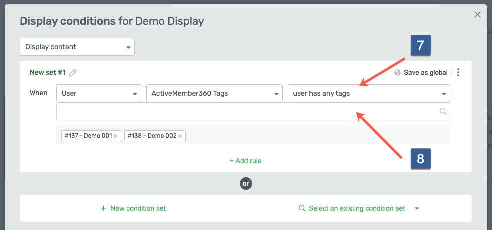 Steps for specifying display conditions for Thrive Architect based upon the contact has/has not specific tags