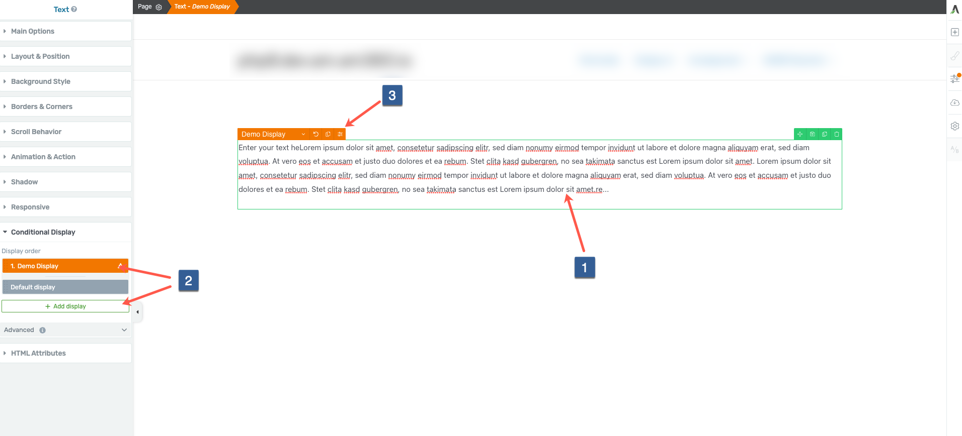 Steps for opening the Thrive Architect Display Conditions