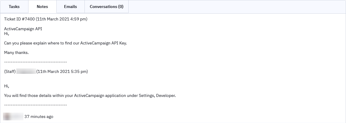 Example of ActiveMember360 Ticket Module notes within ActiveCampaign contact record