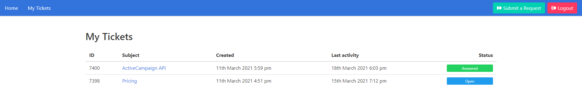 Ticket System Module My Tickets Dashboard Screen