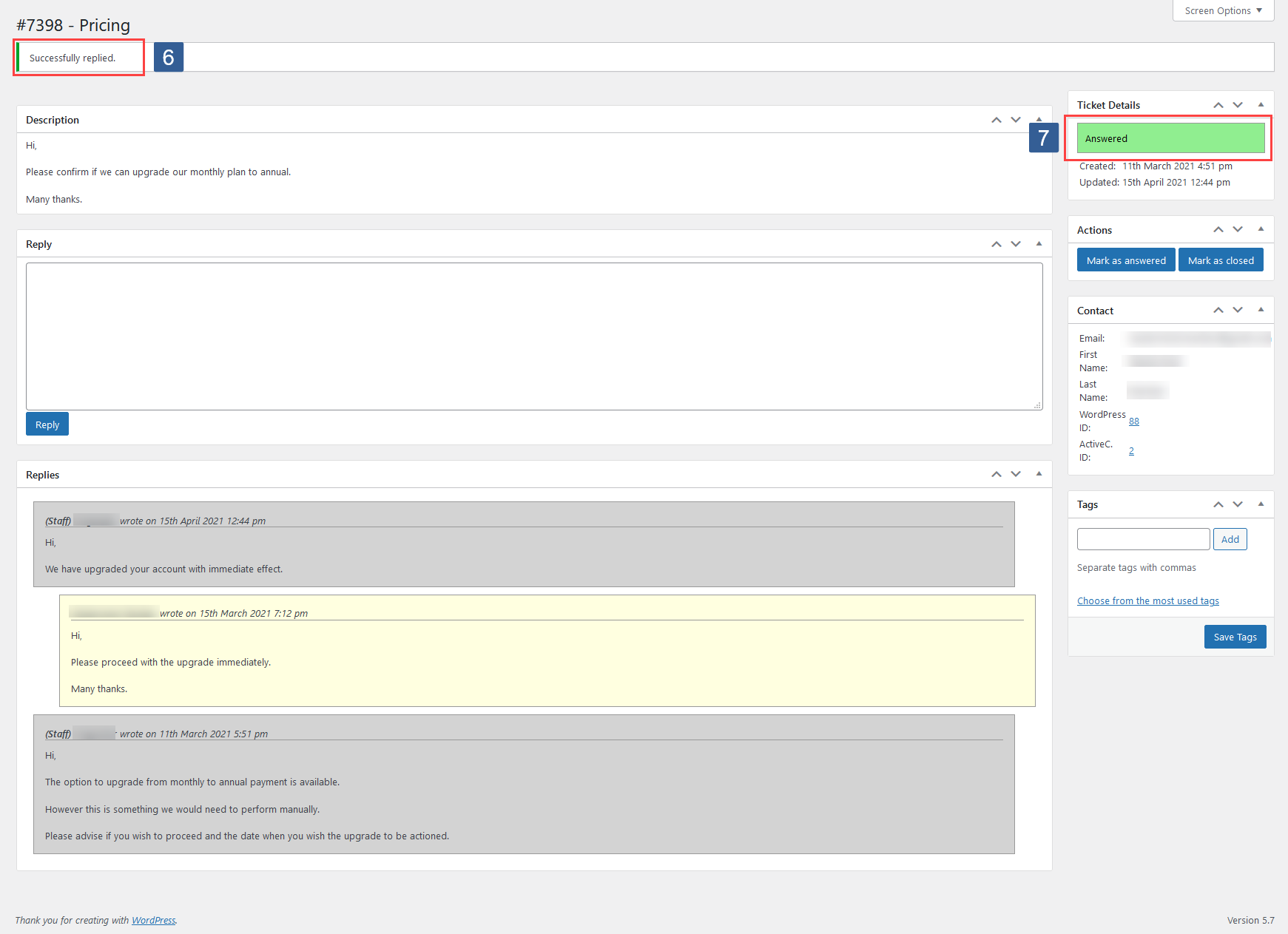 Ticket System Module Reply Success Message