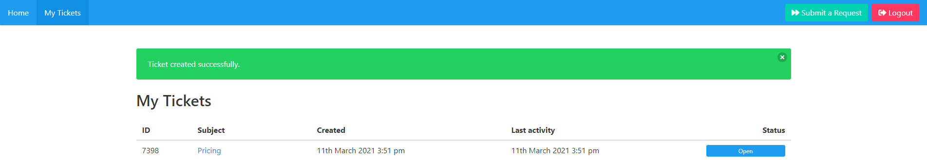 Ticket System Module Ticket Success Message