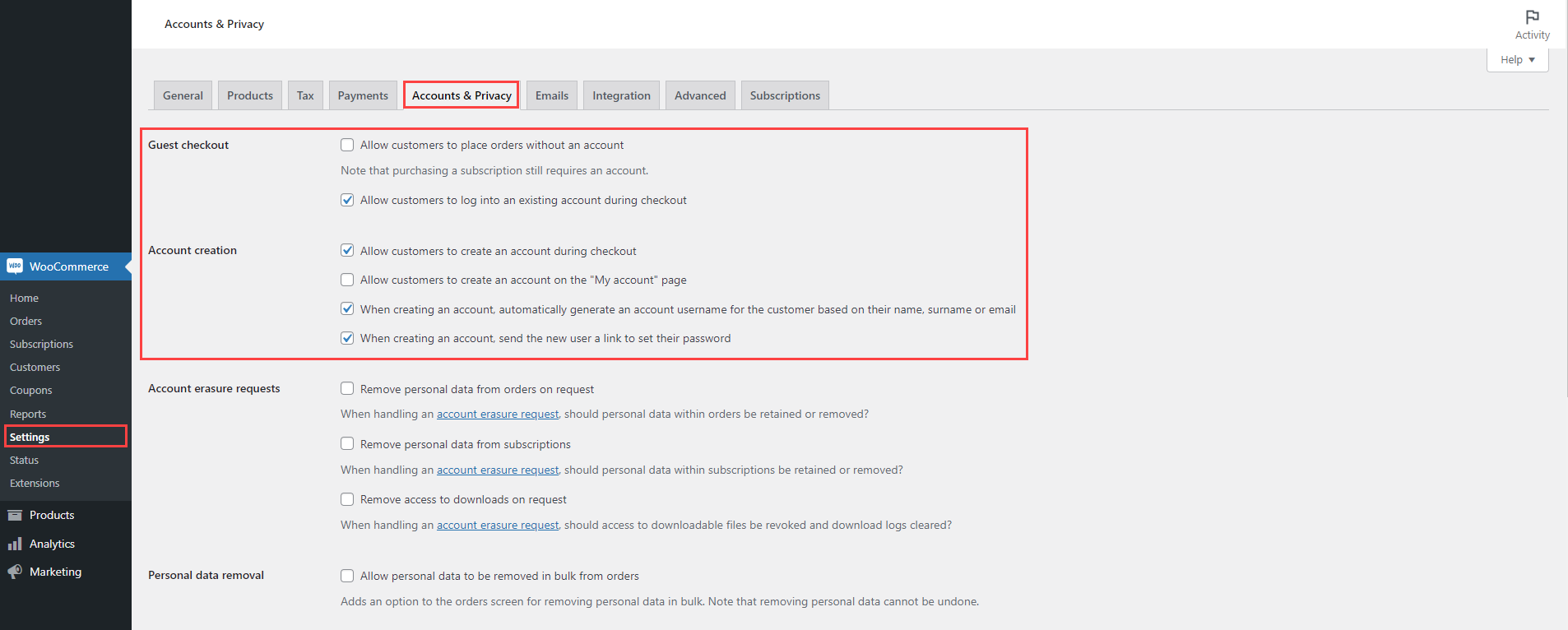 Recommended WooCommerce account settings